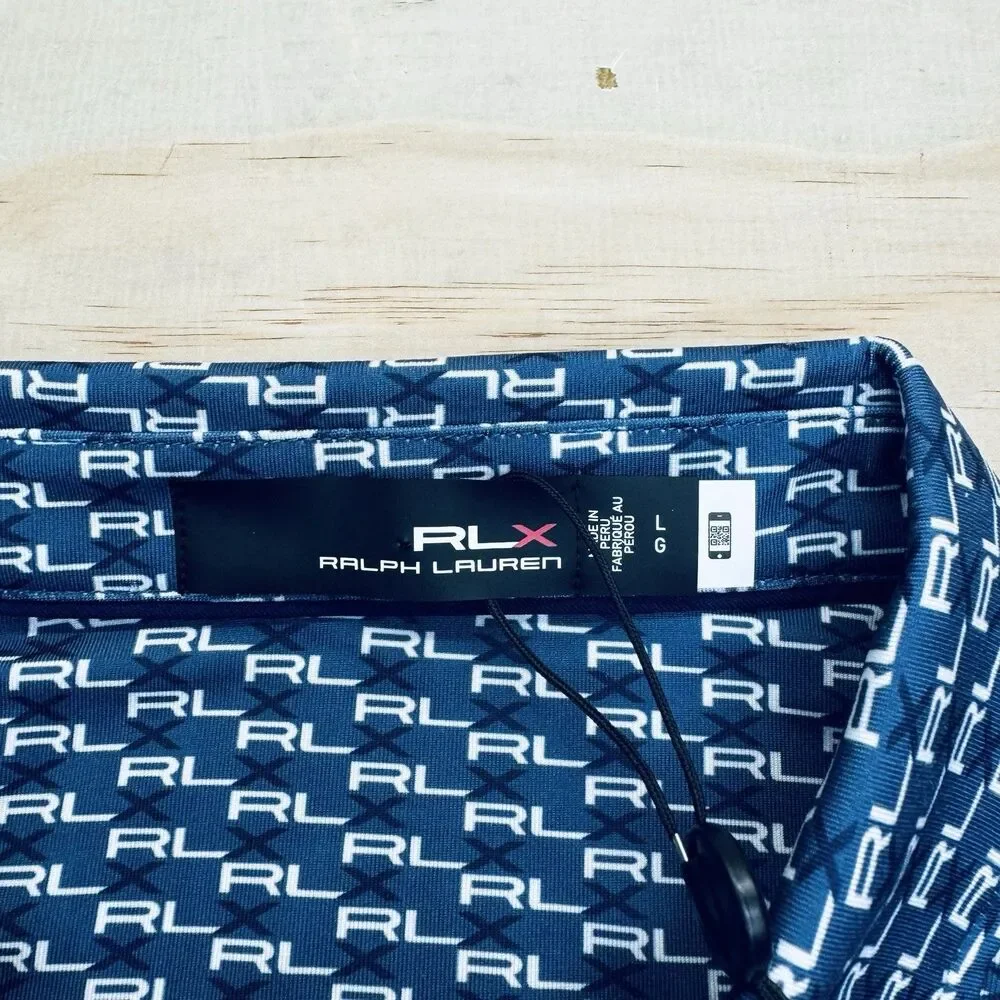 NEW RLX Ralph Lauren Print Lightweight Short Sleeve Blue Golf Polo LG